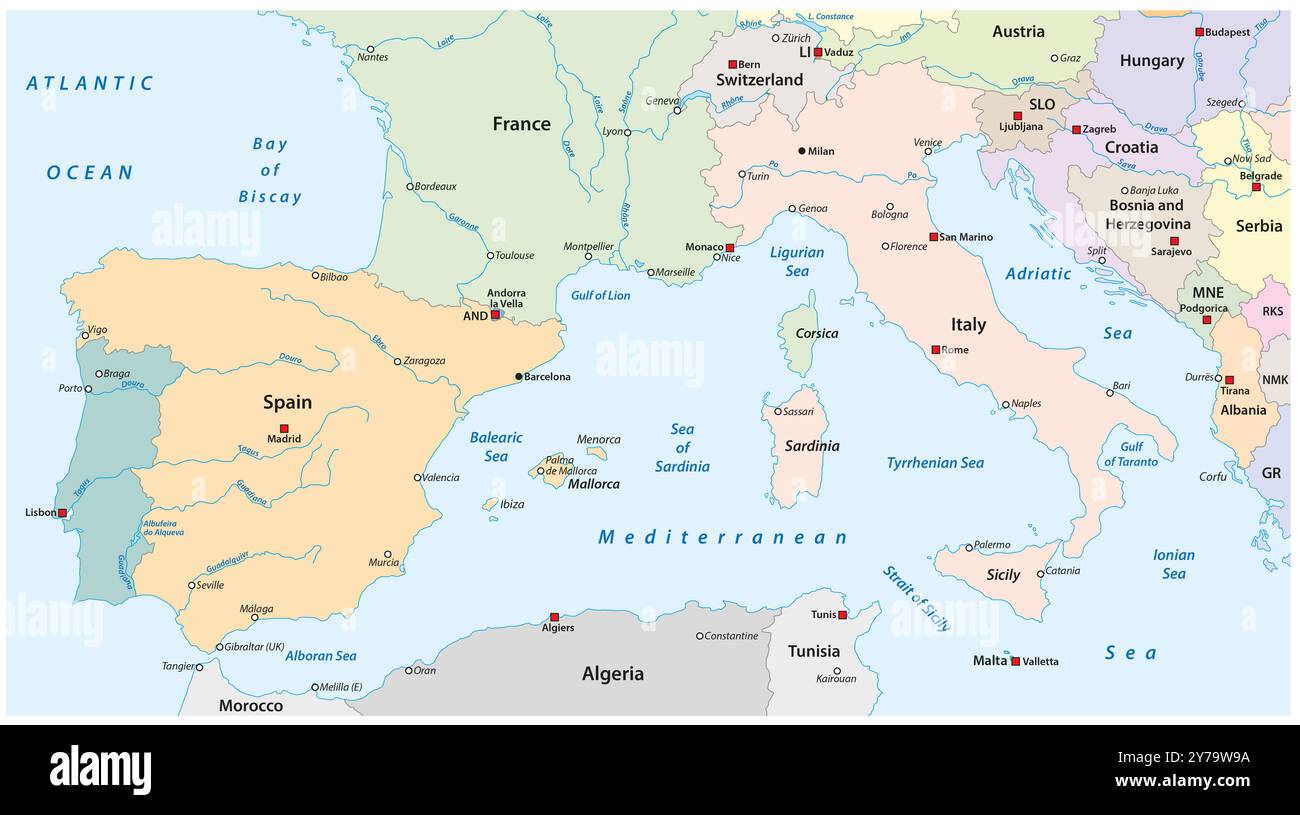 Map of Southern Europe with the most important cities and rivers Stock Photo