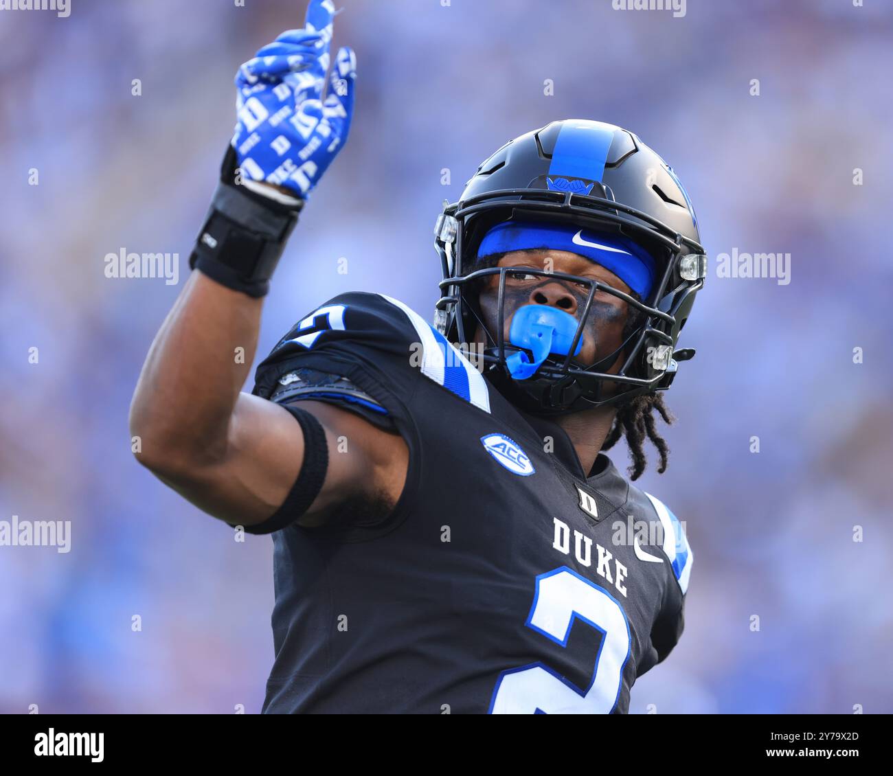 September 28, 2024: Duke Blue Devils safety Jaylen Stinson (2) celebrates an incompletion during the NCAA football game between the North Carolina Tar Stock Photo