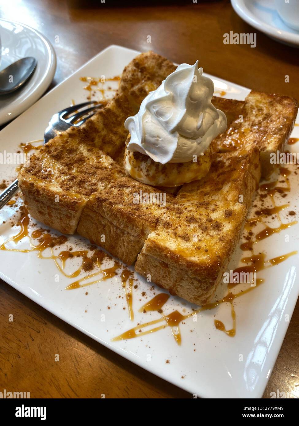 Caramel french toast with cream on top - Smartphone Captured Stock Image