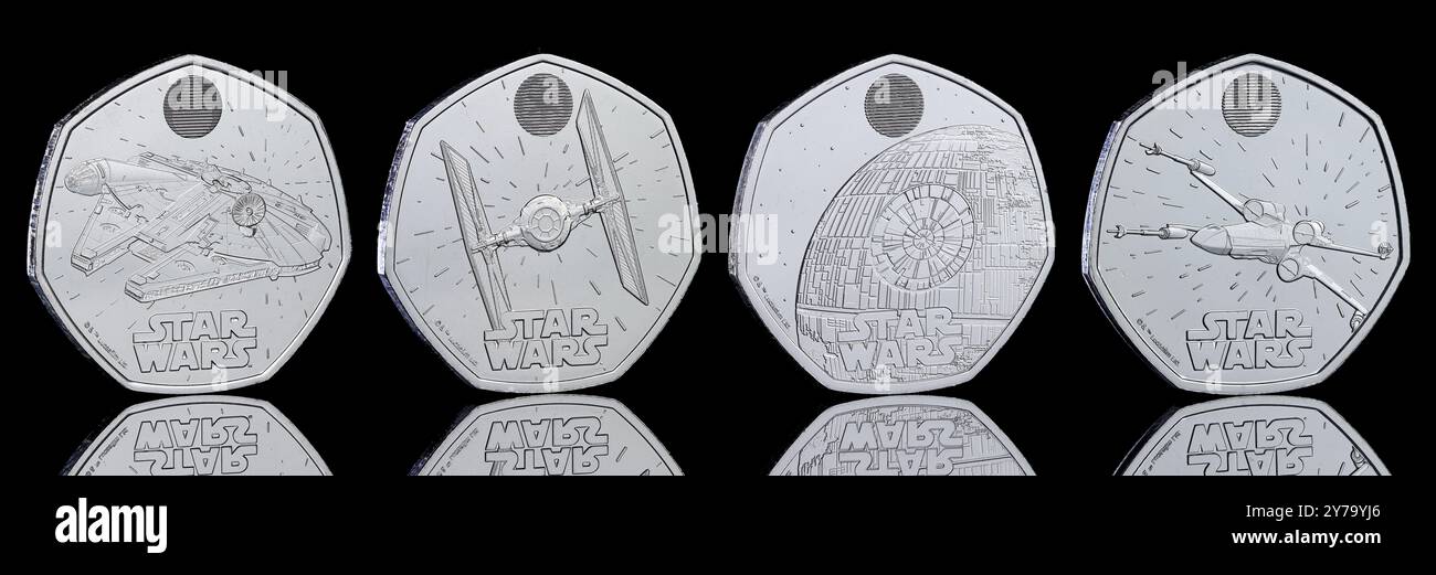 2024 set of 4 Star Wars Spacecraft  & King Charles III 50p coins issued in the UK. Millennium Falcon,TIE Fighter, Death Star II & X-Wing Fighter. Stock Photo