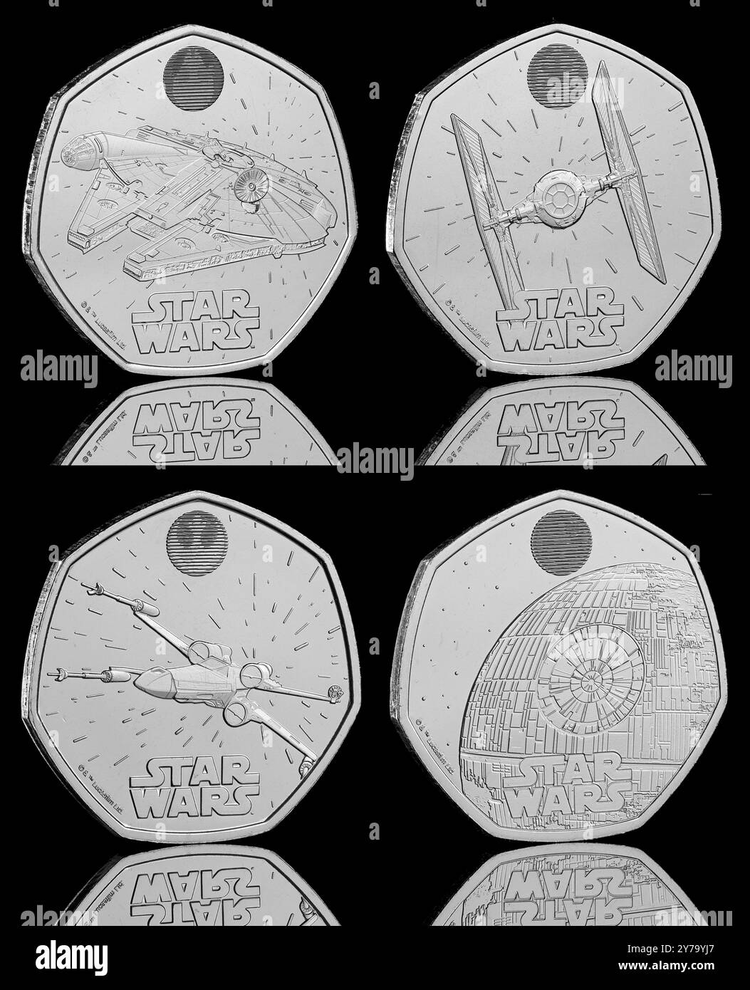 2024 set of 4 Star Wars Spacecraft  & King Charles III 50p coins issued in the UK. Millennium Falcon,TIE Fighter, Death Star II & X-Wing Fighter. Stock Photo