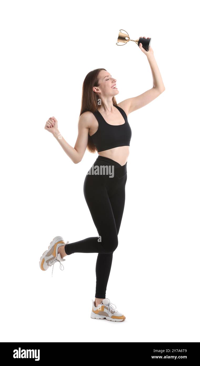 Happy winner with gold trophy cup on white background Stock Photo