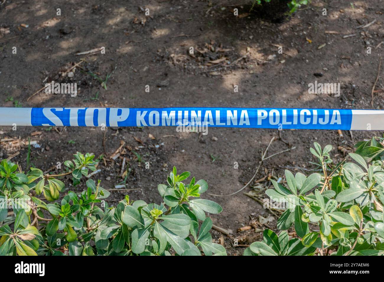 Kotor, Montenegro, August 2, 2024. Plastic police cordon with the message STOP. Stock Photo