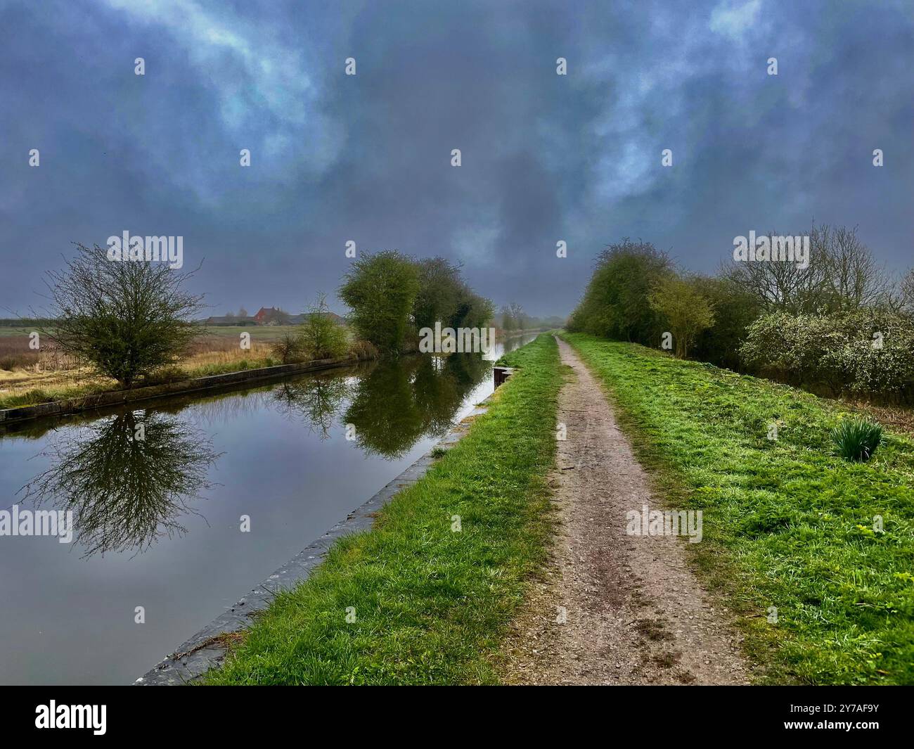Trent and Mersey canal with overcast sky in the Cheshire countryside - Smartphone Captured Stock Image