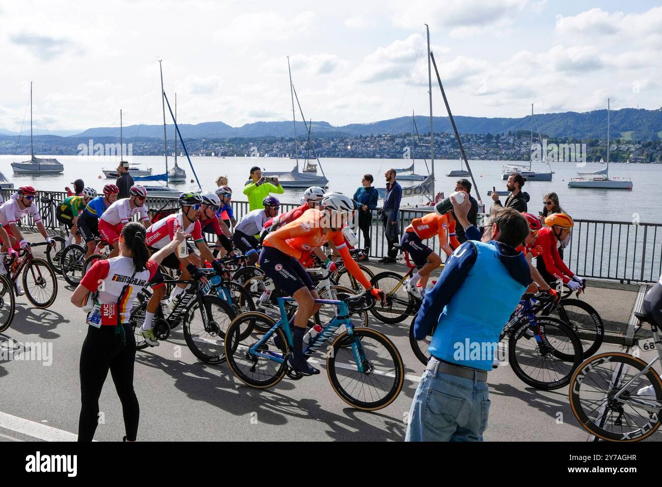 The peloton rides during the Men Elite road race of the Cycling and ...