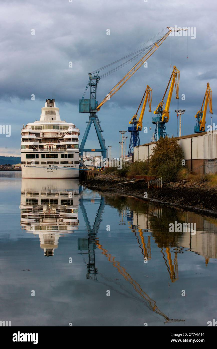 Villa Vie Odyssey cruise ship at Belfast Port. Luxury cruise passengers who have been marooned in Belfast for four months are hoping to hit the seas this week. Picture date: Saturday September 28, 2024. Stock Photo