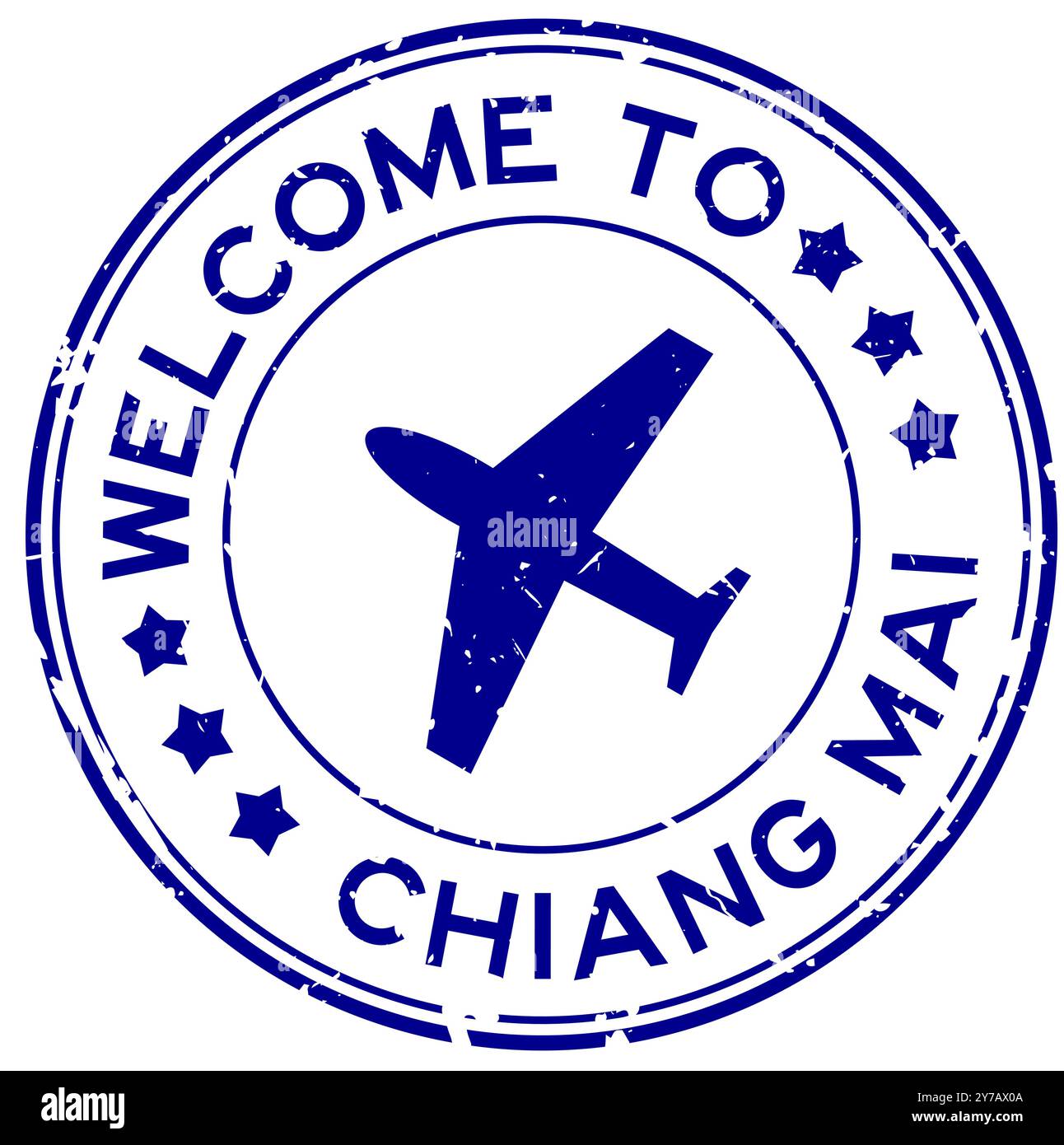 Grunge blue welcome to chiang mai with airplane icon round rubber seal ...