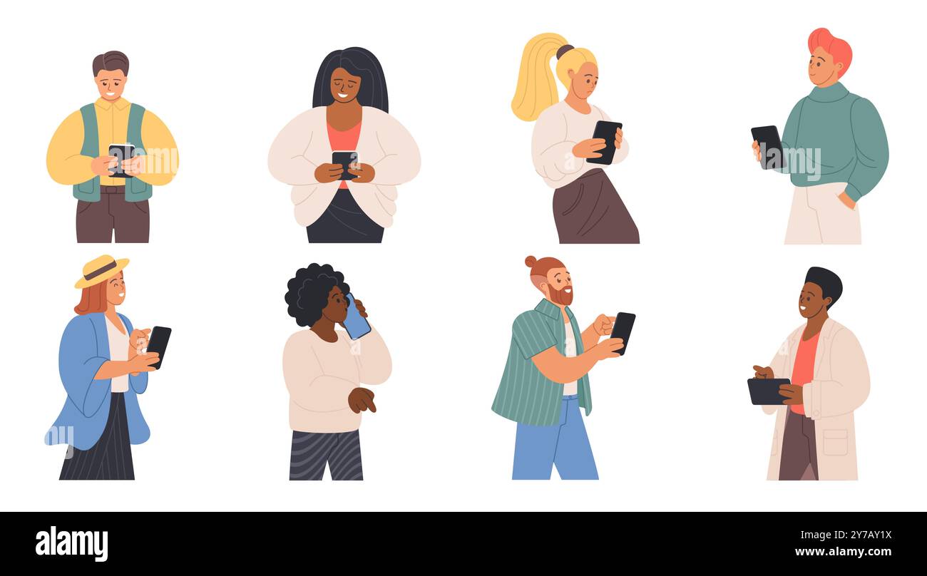 People mobile phones set. Happy and sad men and women using smartphones ...