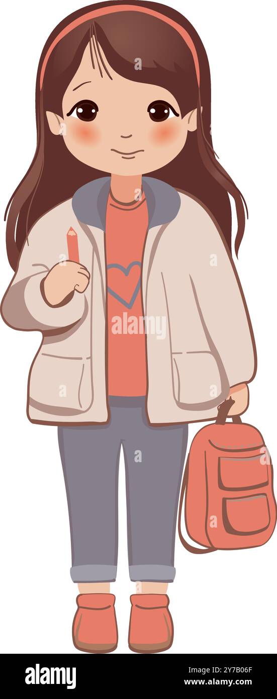 Cute school little cartoon girl with school backpack Stock Vector Image ...