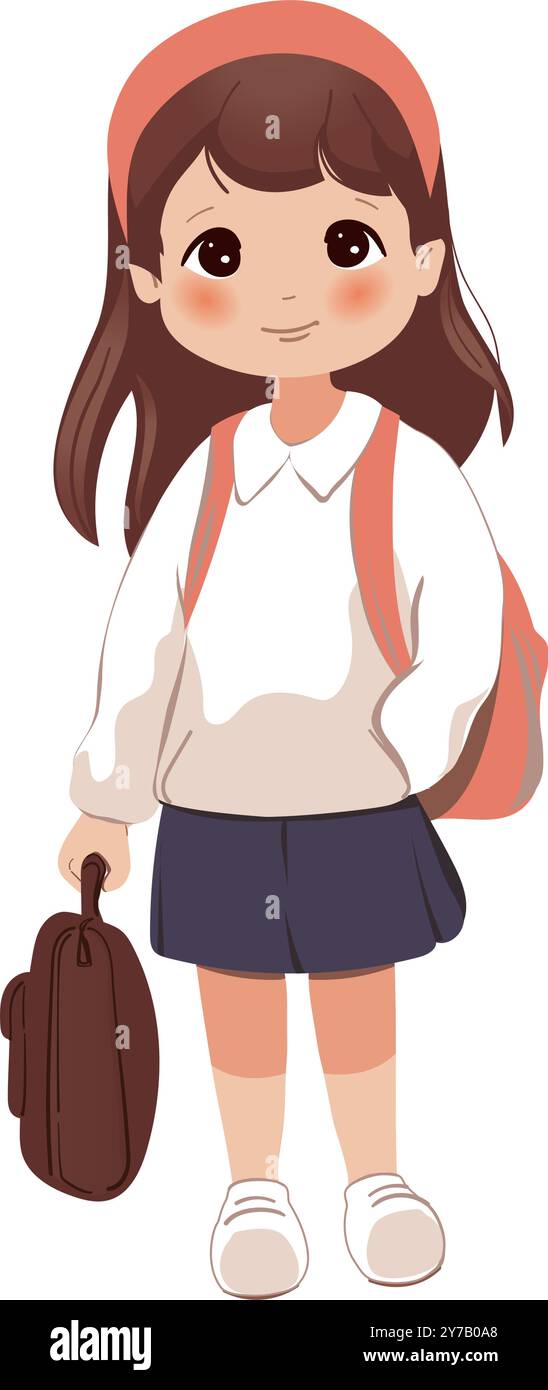 Cute school little cartoon girl with school backpack vector ...