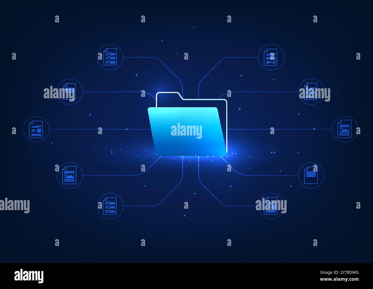 Digital data storage technology Document file icon linked to document sheet It represents digital document files stored on servers using high-speed in Stock Vector
