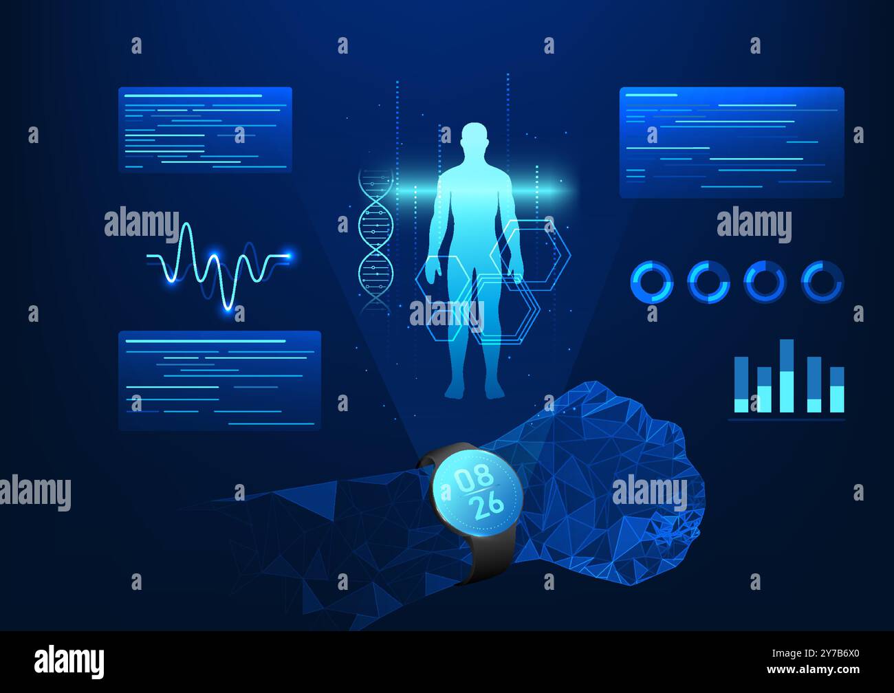 Smart watch technology, is a wristwatch that projects a hologram of body data, heart rate, and has a function to measure walking distance, sleep, and Stock Vector