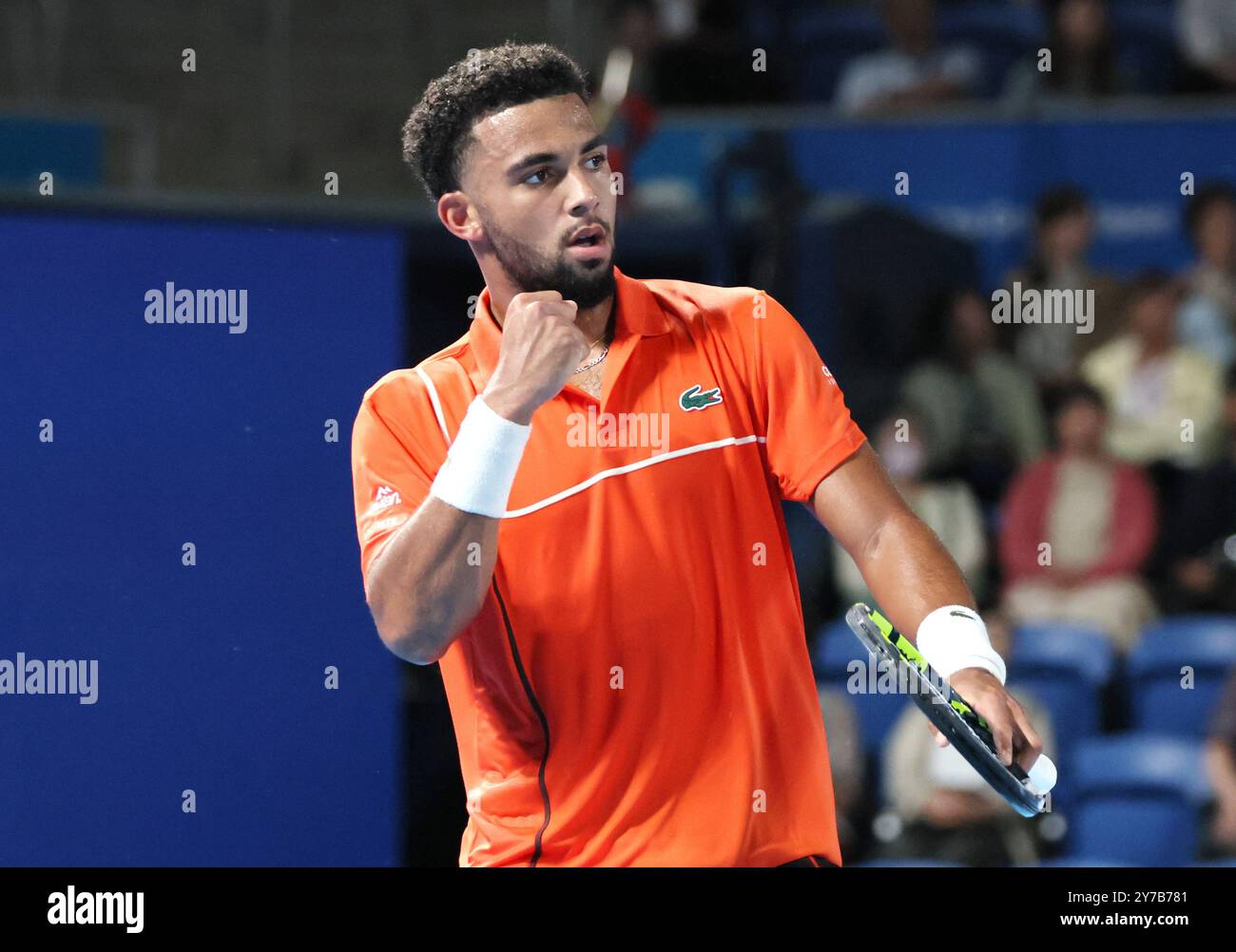 Tokyo, Japan. 29th Sep, 2024. Arthur Fils of Francei clinches his fist as he won a key pointl against Ben Shelton of the United States at the quarter-final match of the Japan Open Tennis championships at the Ariake Colosseum in Tokyo on Sunday, September 29, 2024. Draper withdrew the game by injury. (photo by Yoshio Tsunoda/AFLO) Credit: Aflo Co. Ltd./Alamy Live News Stock Photo
