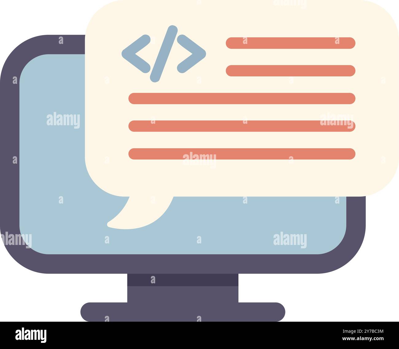 This simple icon depicts a computer with a speech bubble coming from it that contains code Stock Vector