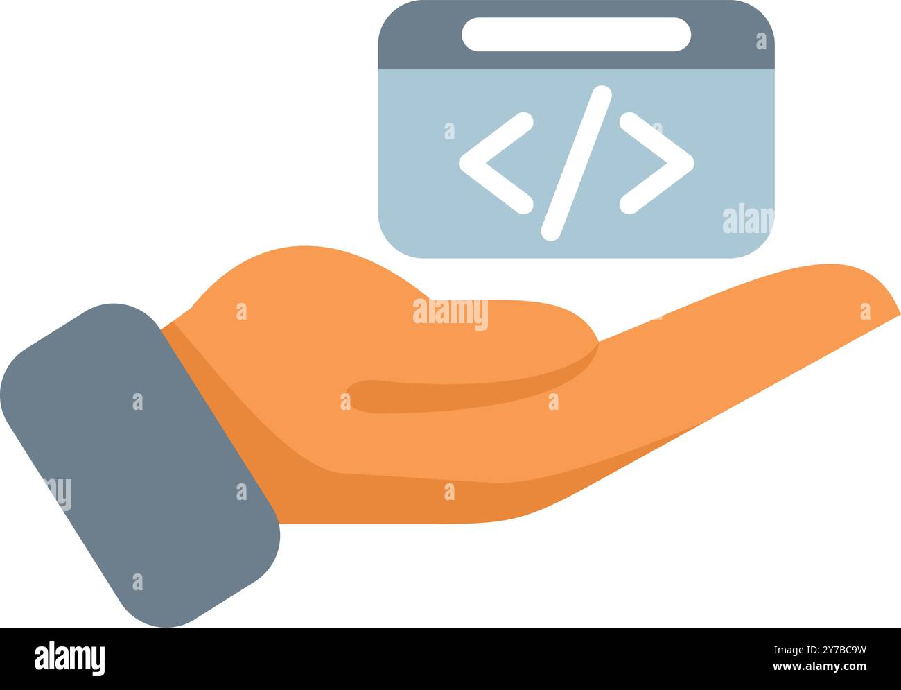 Hand is holding up a window showing programming code, representing web development Stock Vector