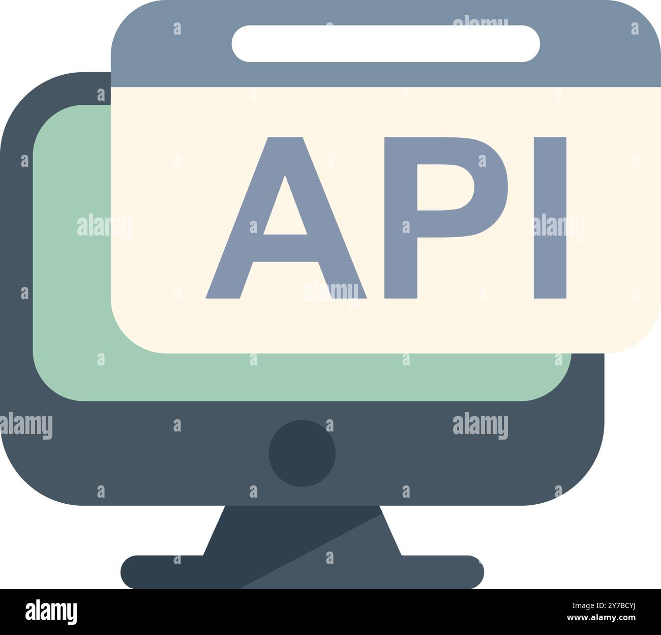 Desktop computer displaying an api code script on the screen, representing software development and programming concepts Stock Vector