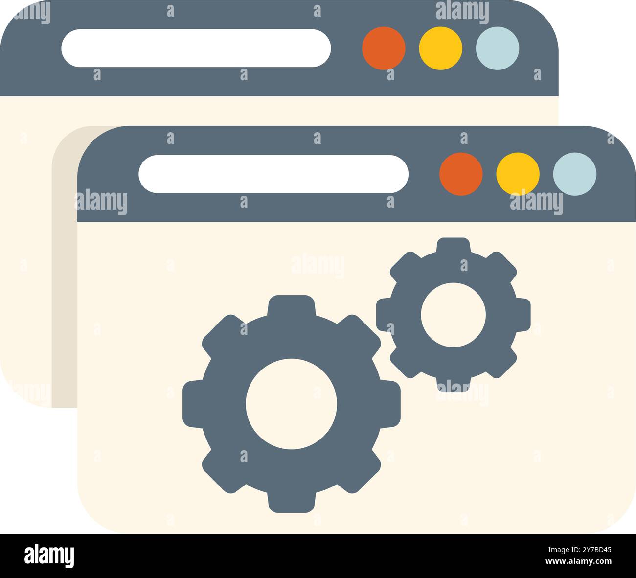 Website optimization concept represented by two browser windows with cogwheels inside, symbolizing the process of improving website performance Stock Vector