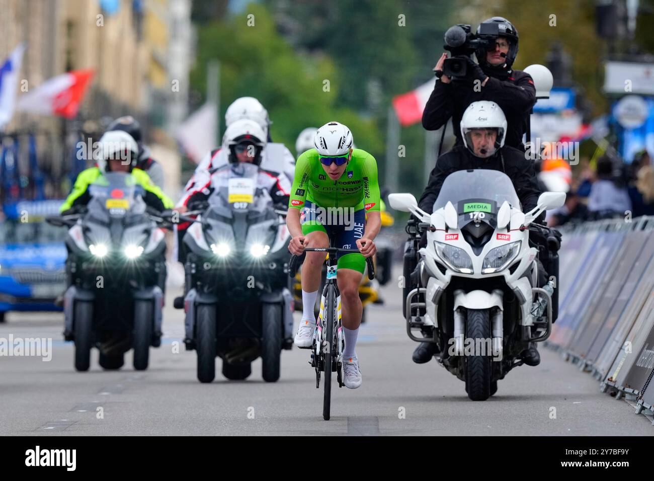 Slovenia's Tadej Pogacar attacks during the Men Elite road race of the