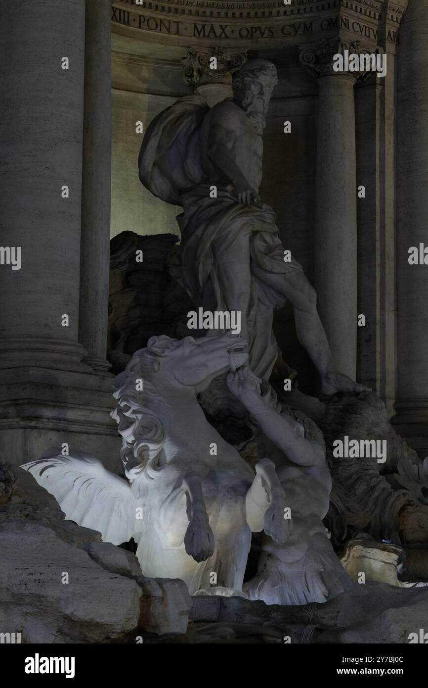 Rome’s world famous Trevi Fountain, located at the point of Aqua Virgo, an ancient aqueduct’s end in Rome. Featuring Oceanus and built in 1732. Stock Photo