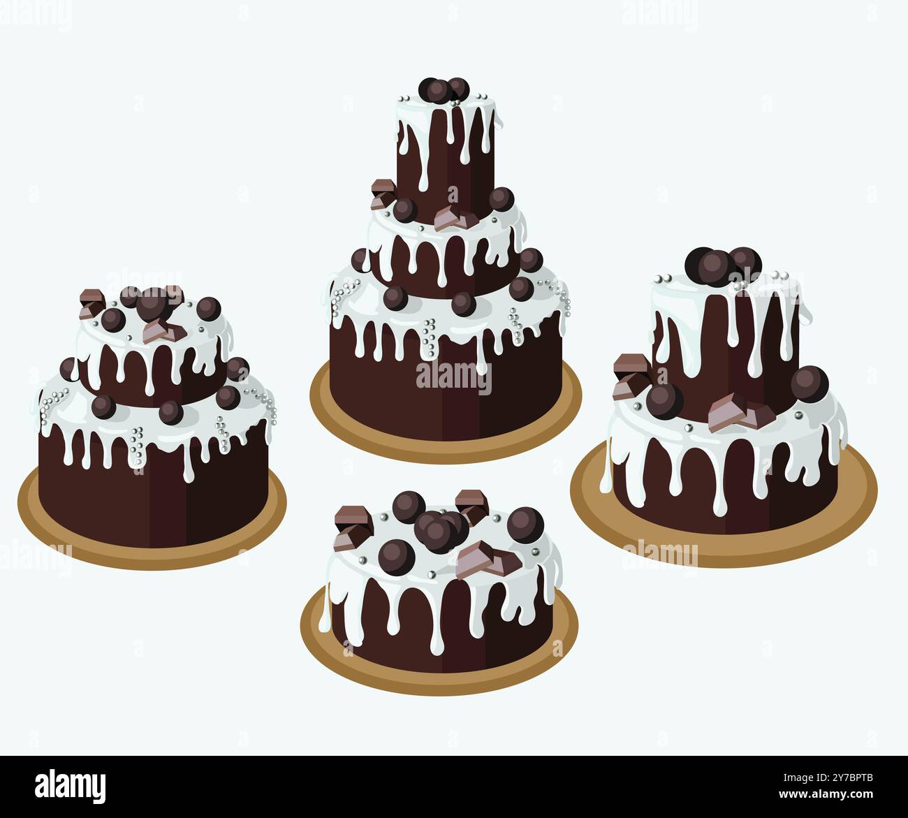 Set of chocolate cakes in cartoon style. Vector illustration isolated on white background. Stock Vector