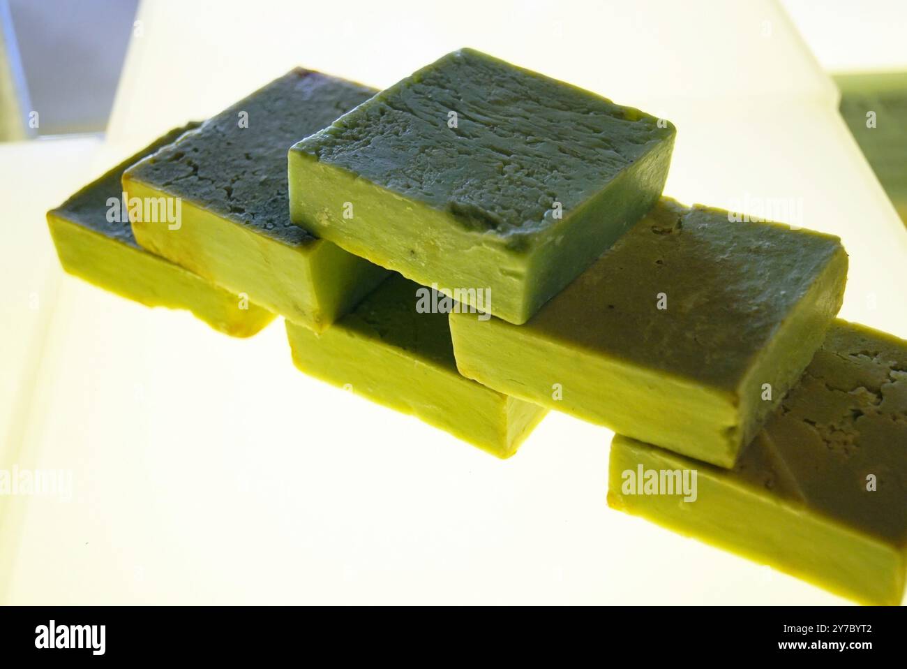 Bars of olive soap made from natural ingredients according to a traditional recipe. A close-up photo of a display case at the Soap Museum in Gaziantep Stock Photo