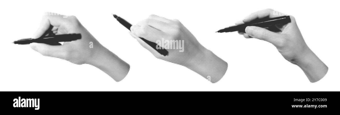 Set of halftone images of hands holding a pen Stock Vector