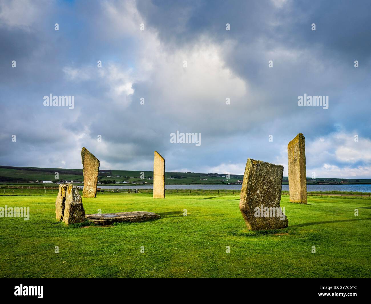 The Stones of Stenness, a Neolithic henge monument on the Mainland of Orkney, part of the Heart of Neolithic Orkney World Heritage Site, Stock Photo