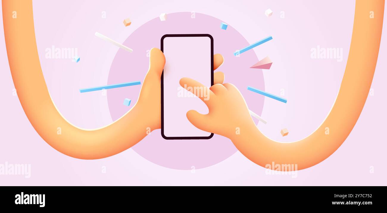 Cute cartoon hand holding mobile smart phone. Modern mockup. Vector ...