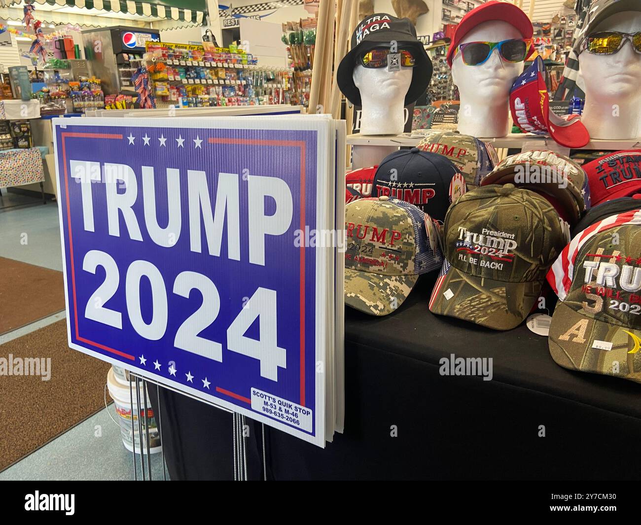 Trump merchandise for sale at Scott's Quik Stop in Marlette Michigan USA - Smartphone Captured Stock Image