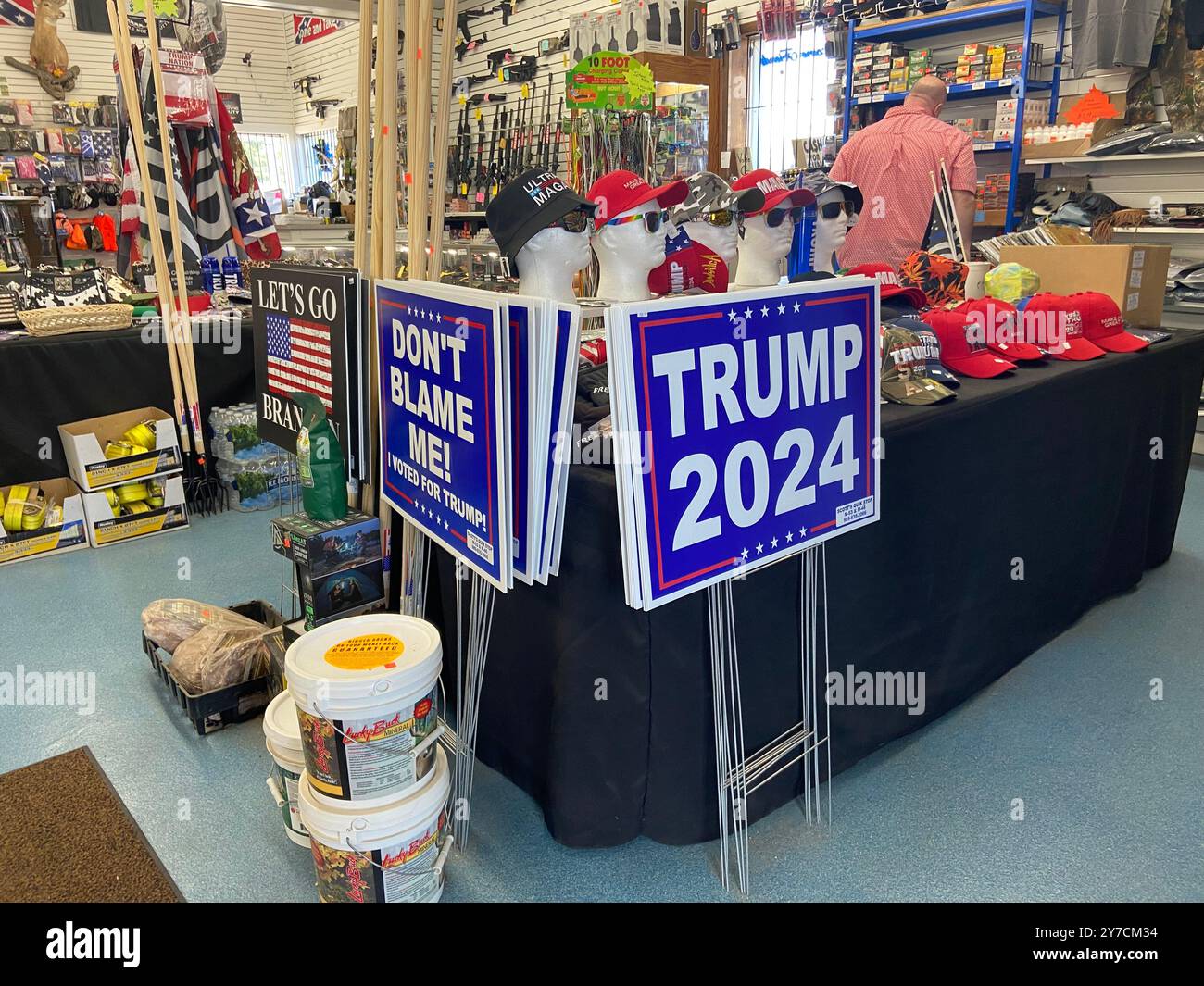 Trump merchandise for sale at Scott's Quik Stop in Marlette Michigan USA - Smartphone Captured Stock Image