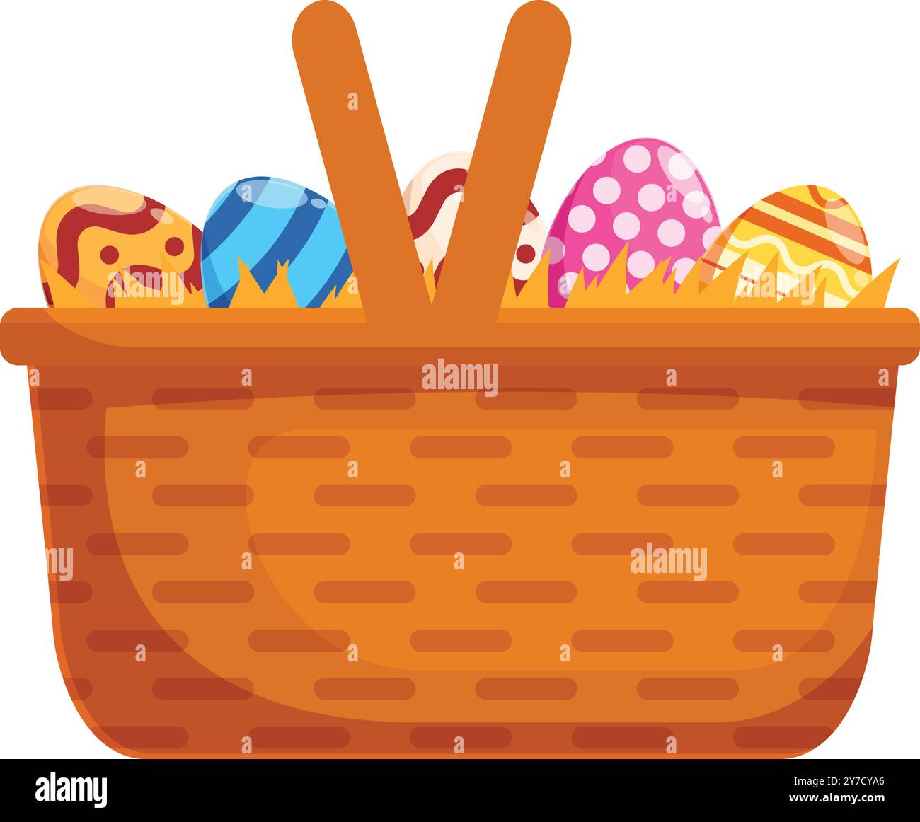 This vector illustration shows a wicker basket containing easter eggs with colorful patterns, perfect for easter themed projects Stock Vector
