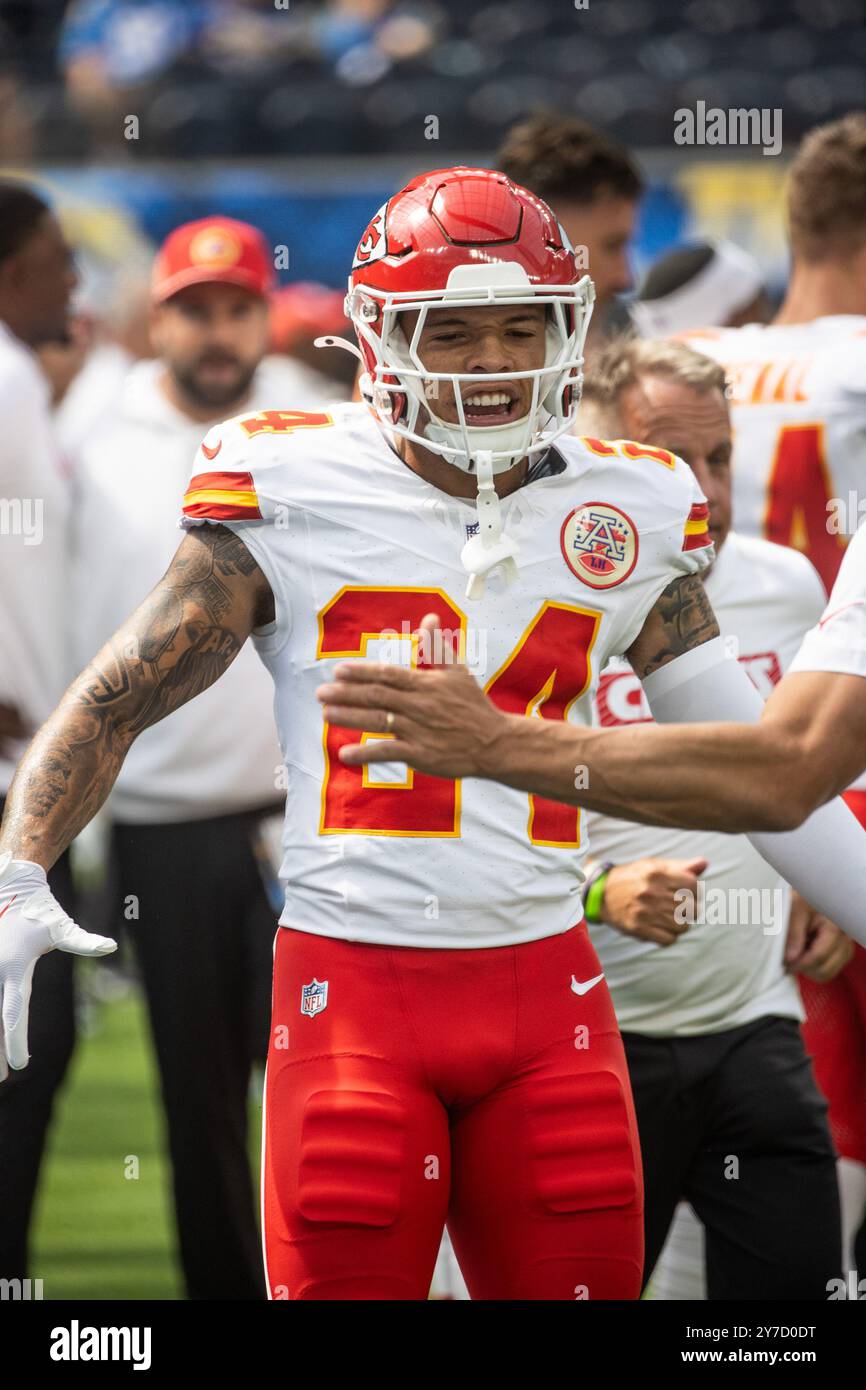 Los Angeles, California, USA. 29th Sep, 2024. Kansas City Chiefs wide receiver Skyy Moore #24 warms up prior to an NFL football game against the Los Angeles Chargers at SoFi Stadium, Saturday, Aug. 17, 2024, in Inglewood, Calif. (Credit Image: © Ringo Chiu/ZUMA Press Wire) EDITORIAL USAGE ONLY! Not for Commercial USAGE! Credit: ZUMA Press, Inc./Alamy Live News Stock Photo