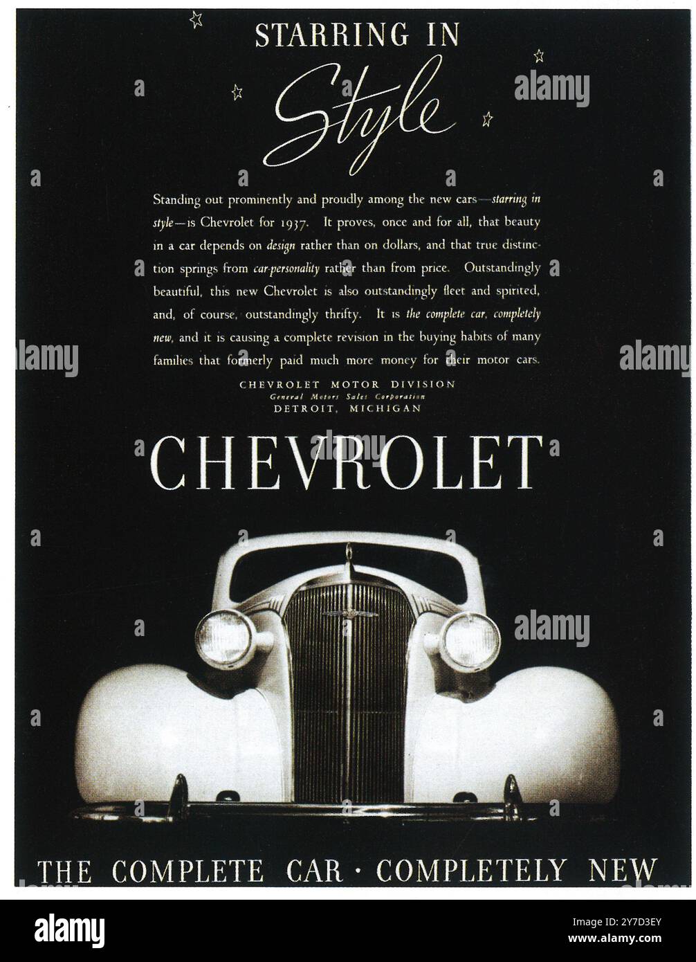 1937 Chevrolet Ad - "The complete car. Completely new." Stock Photo