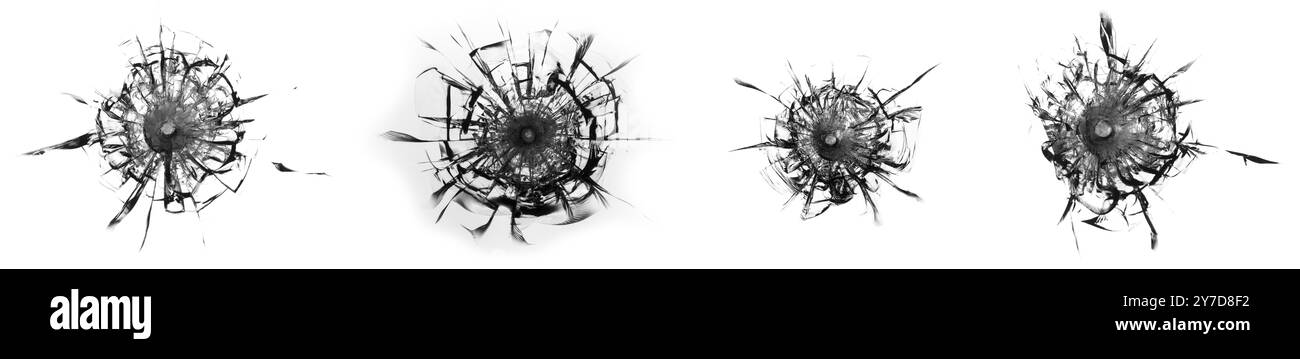 Set of four pictures, broken glass, cracks and chips on the window, pattern from the impact on the floor. Concept for design Stock Photo