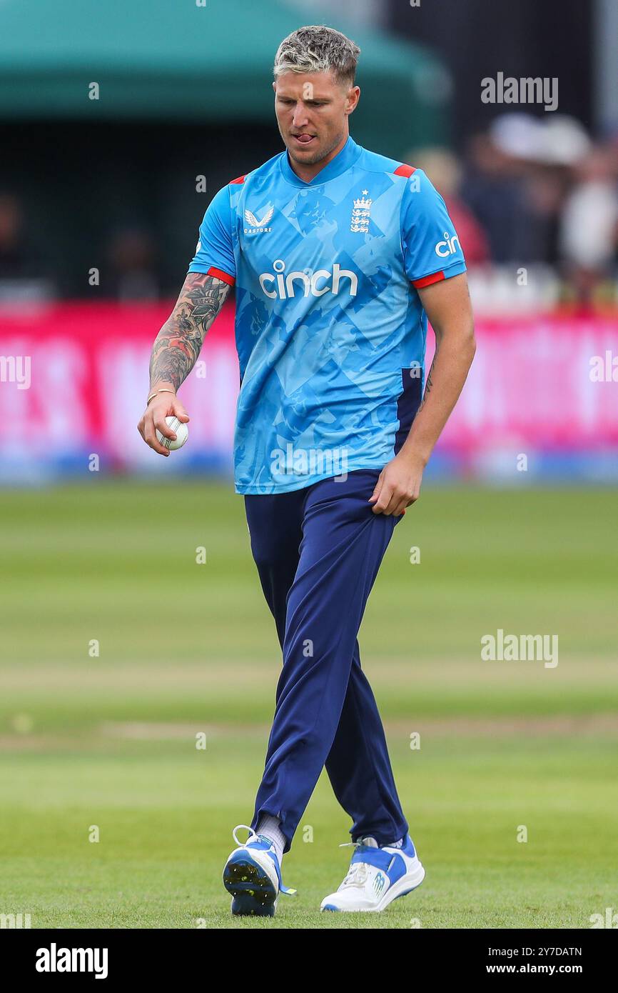 Brydon Carse of England during the Fifth Metro Bank One Day International match England vs Australia at Seat Unique Stadium, Bristol, United Kingdom, 29th September 2024  (Photo by Gareth Evans/News Images) Stock Photo