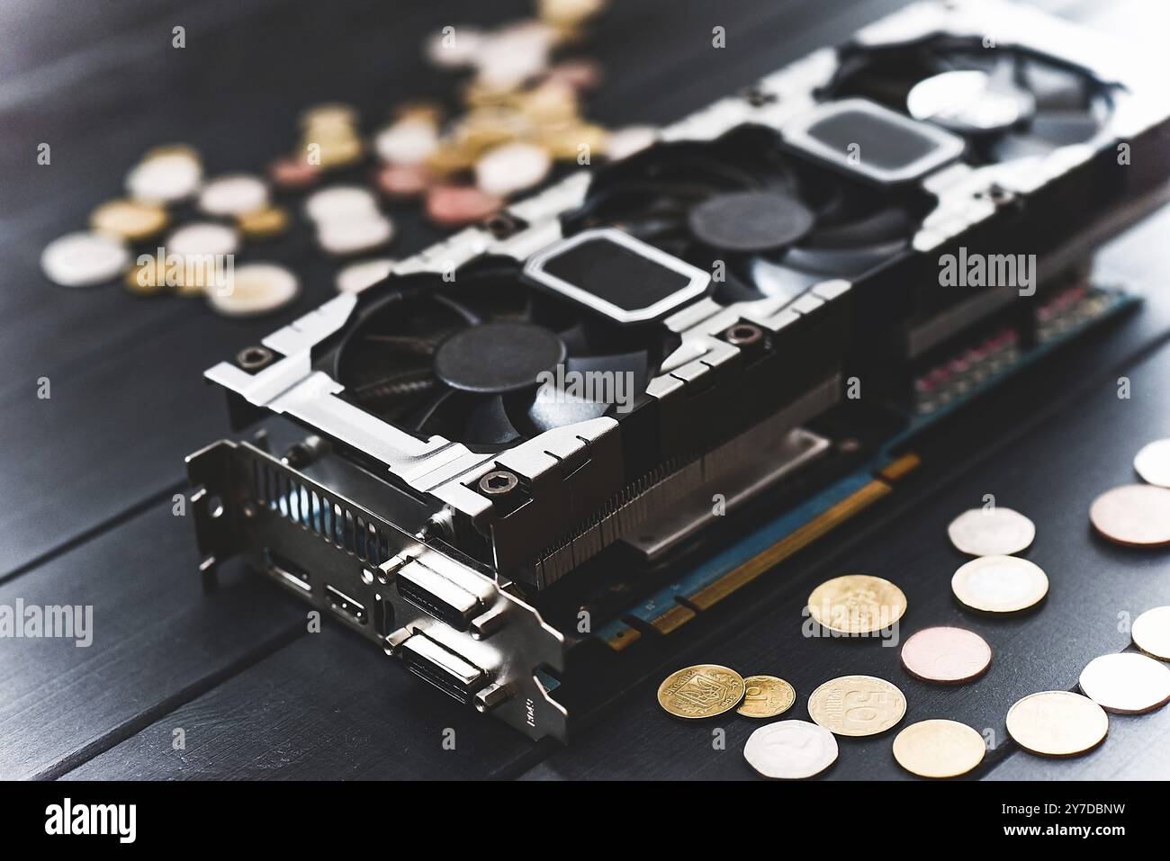 Cryptocurrency mining concept with bitcoins on a computer videocard. free copyspace Stock Photo