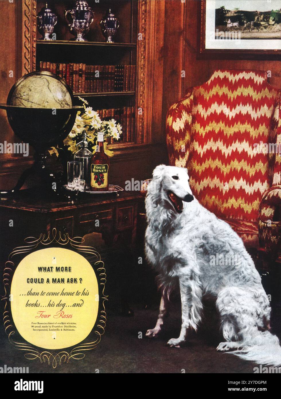 1938 Four Roses Bourbon Ad - Borzoi Dog Stock Photo