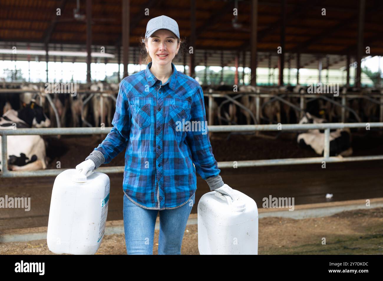 Woman farmer with plastic canisters in cowshed Stock Photo - Alamy