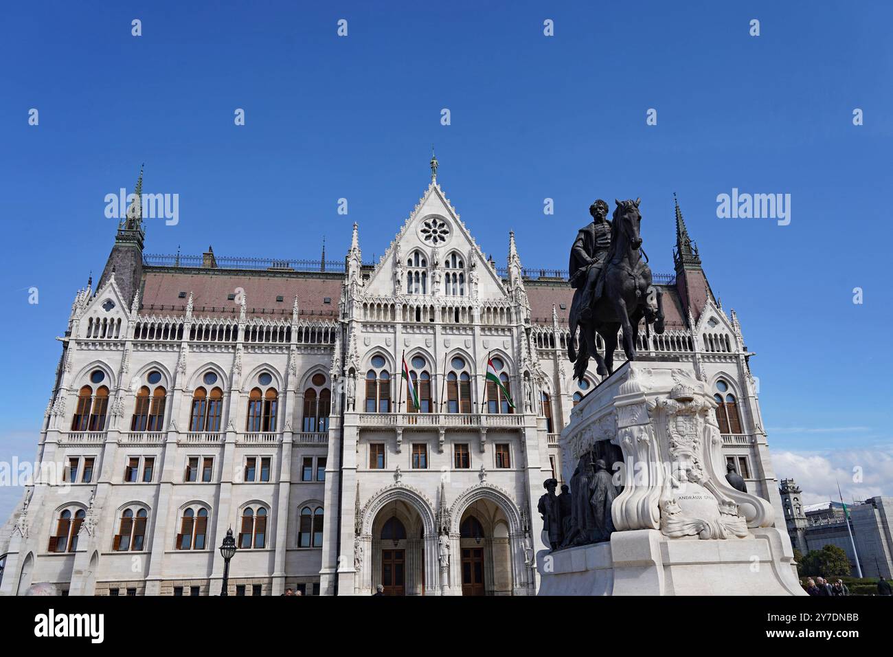 Hungary's ornate gothic Parliament Building, with statute of Count Andrassy, Hungary's first prime minister Stock Photo