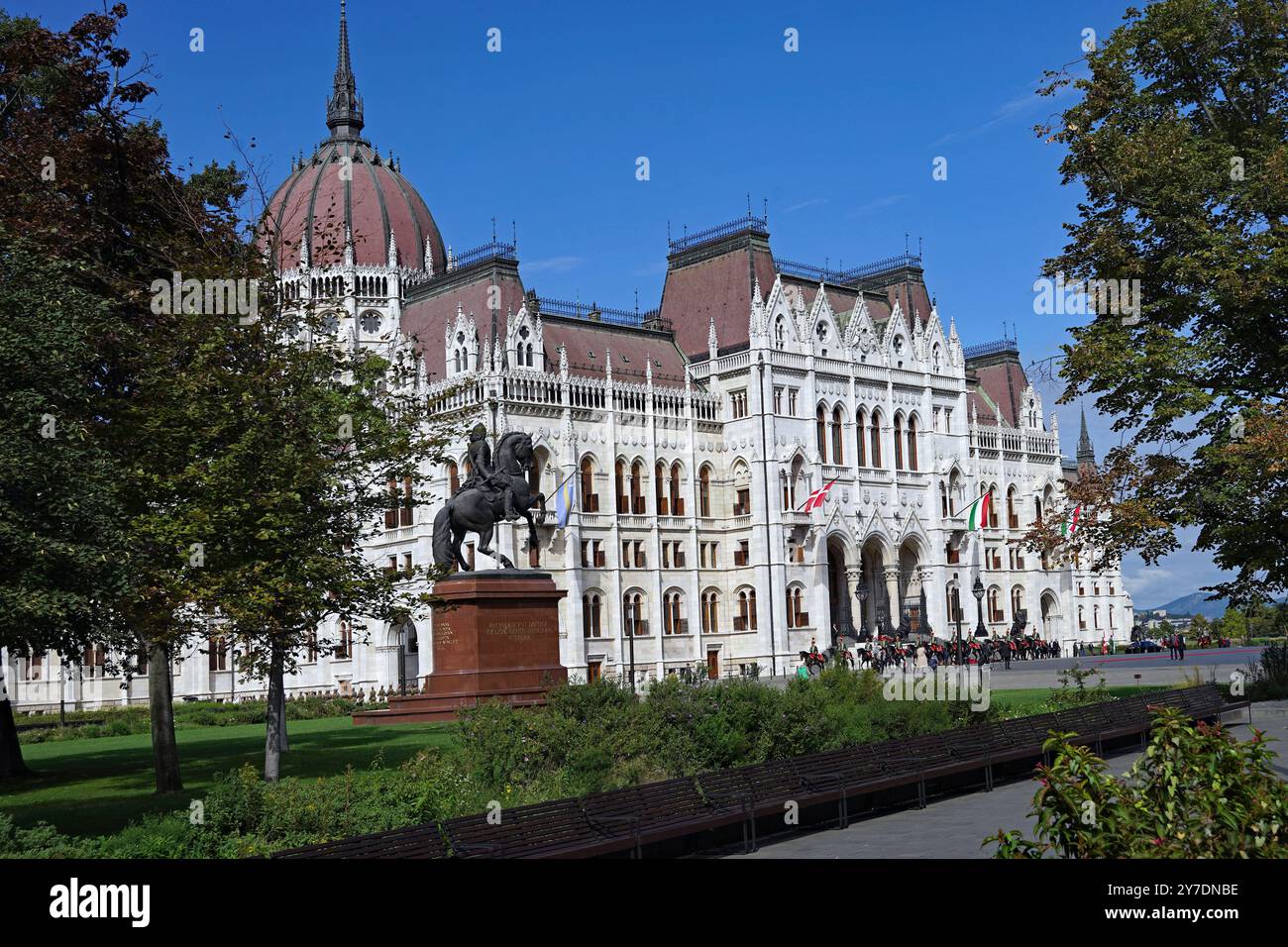Hungary's ornate gothic Parliament Building, with military honor guard ceremony Stock Photo