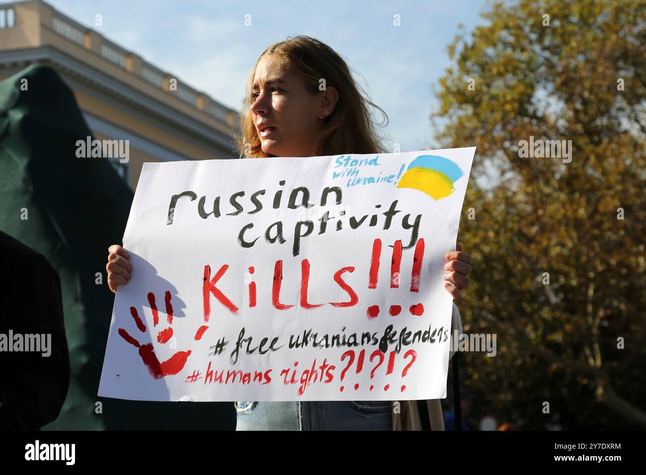 Odessa, Ukraine. 29th Sep, 2024. Relatives and friends of prisoners of war held in Russian captivity are seen holding placards during the demonstration. An action in support of prisoners of war took place on Primorsky Boulevard. The goal is to attract public attention and speed up the exchange of prisoners from Russian captivity Credit: SOPA Images Limited/Alamy Live News Stock Photo