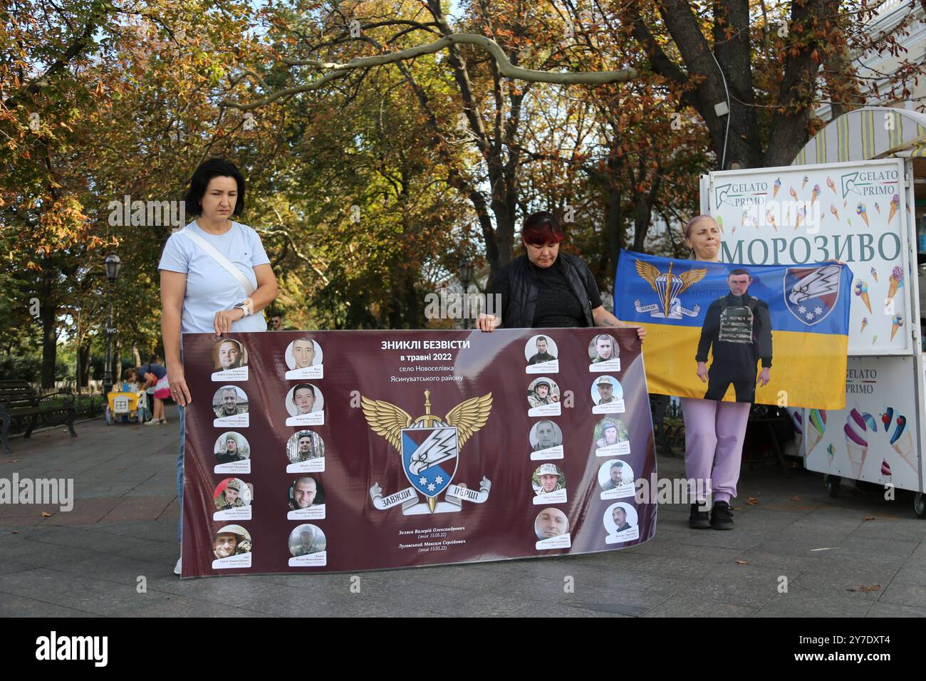 Odessa, Ukraine. 29th Sep, 2024. Relatives and friends of prisoners of war held in Russian captivity are seen holding placards and banners during the demonstration. An action in support of prisoners of war took place on Primorsky Boulevard. The goal is to attract public attention and speed up the exchange of prisoners from Russian captivity Credit: SOPA Images Limited/Alamy Live News Stock Photo