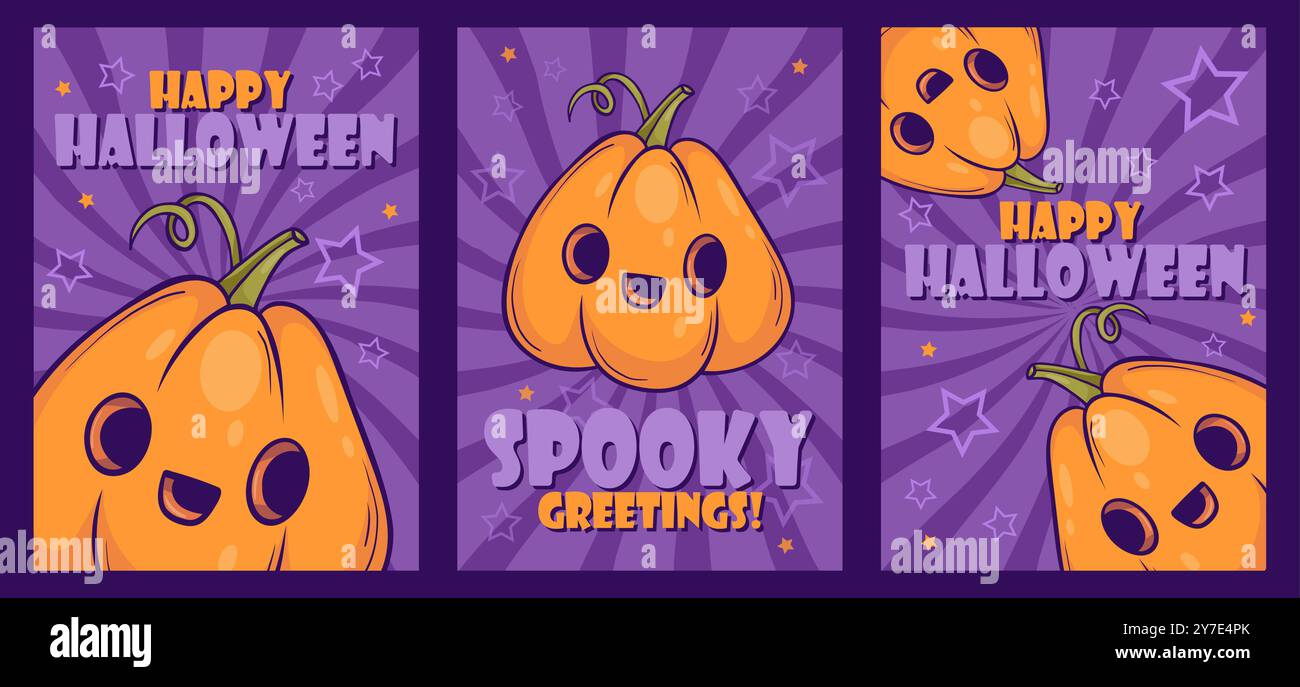 Happy Halloween Cards set. Cute pumpkin jack o lantern on purple background. Isolated vertical posters with funny orange kawaii character. Vector illu Stock Vector