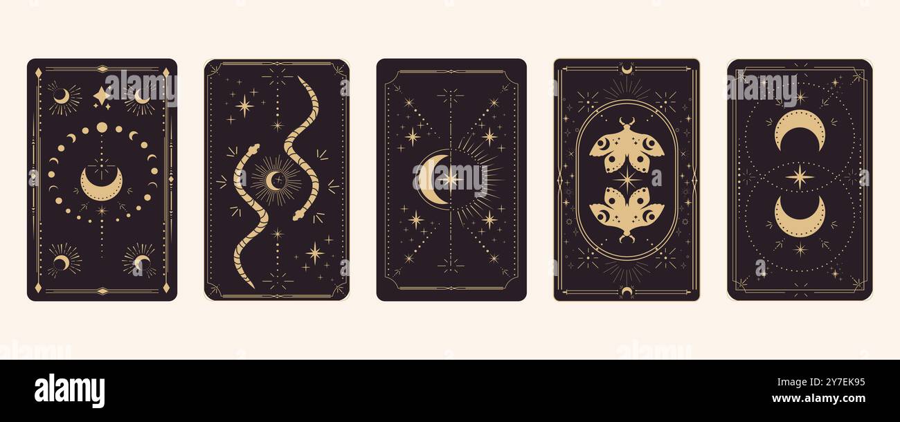 Tarot reverce border magic sacred frame gold line border celelstial mystery esoteric cover card decoration with snake stars and moon on dark background. Vector illustration Stock Vector