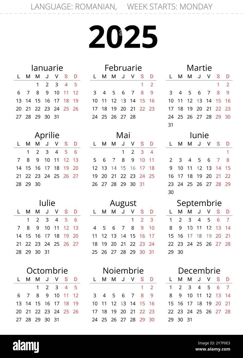 2025 romanian calendar. Printable, editable vector illustration for