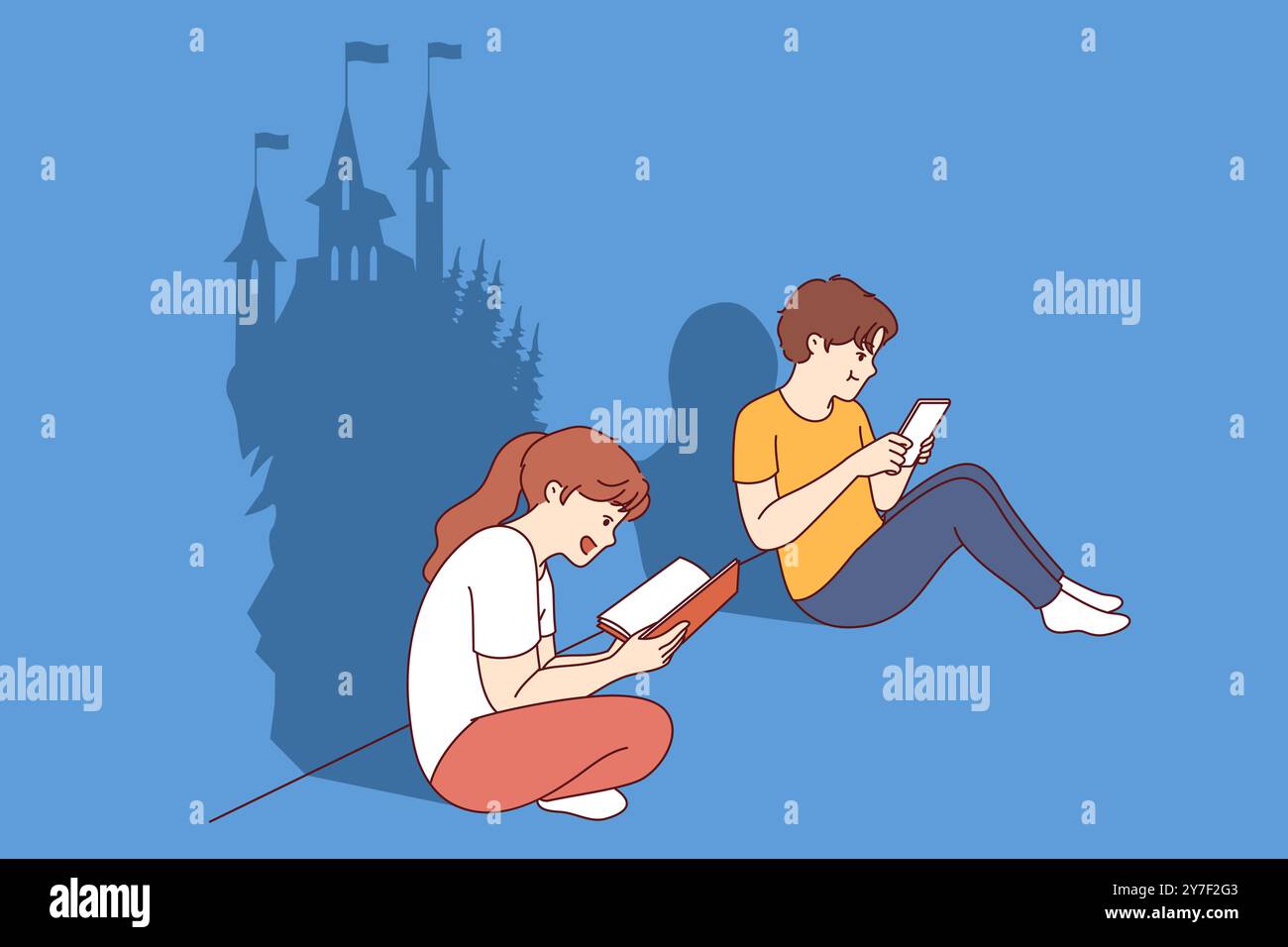 Girl develops imagination by reading book, sitting near boy suffering from digital addiction. Brother enthusiastically plays video games while sister develops imagination, imagining magic castle Stock Vector