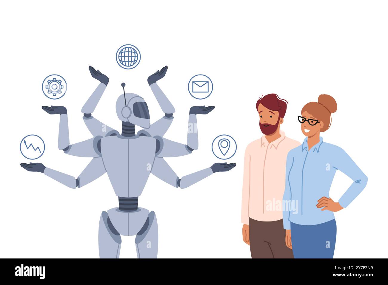 Synergy between multitasking robot and successful business people using modern technologies Stock Vector
