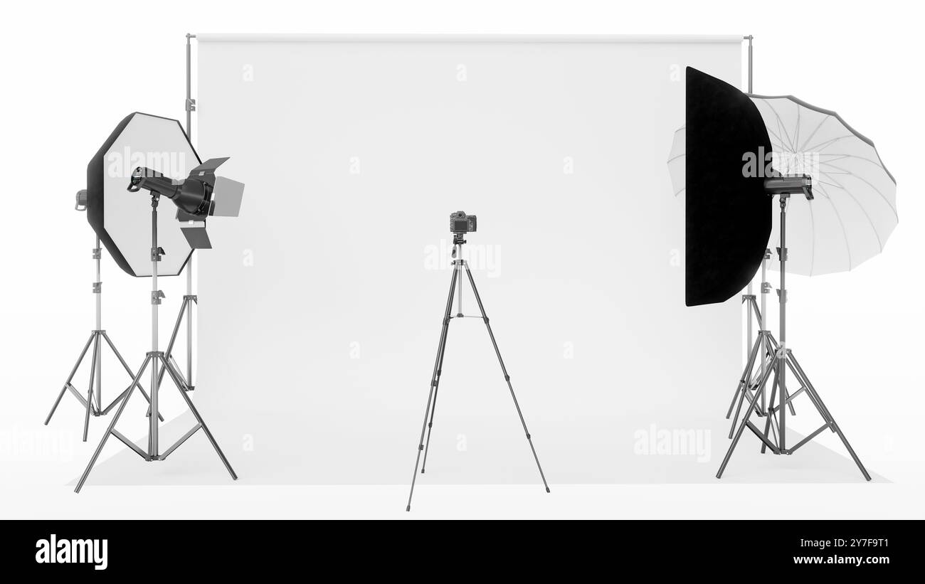 Empty photo studio with lighting equipment on white background. 3d ...