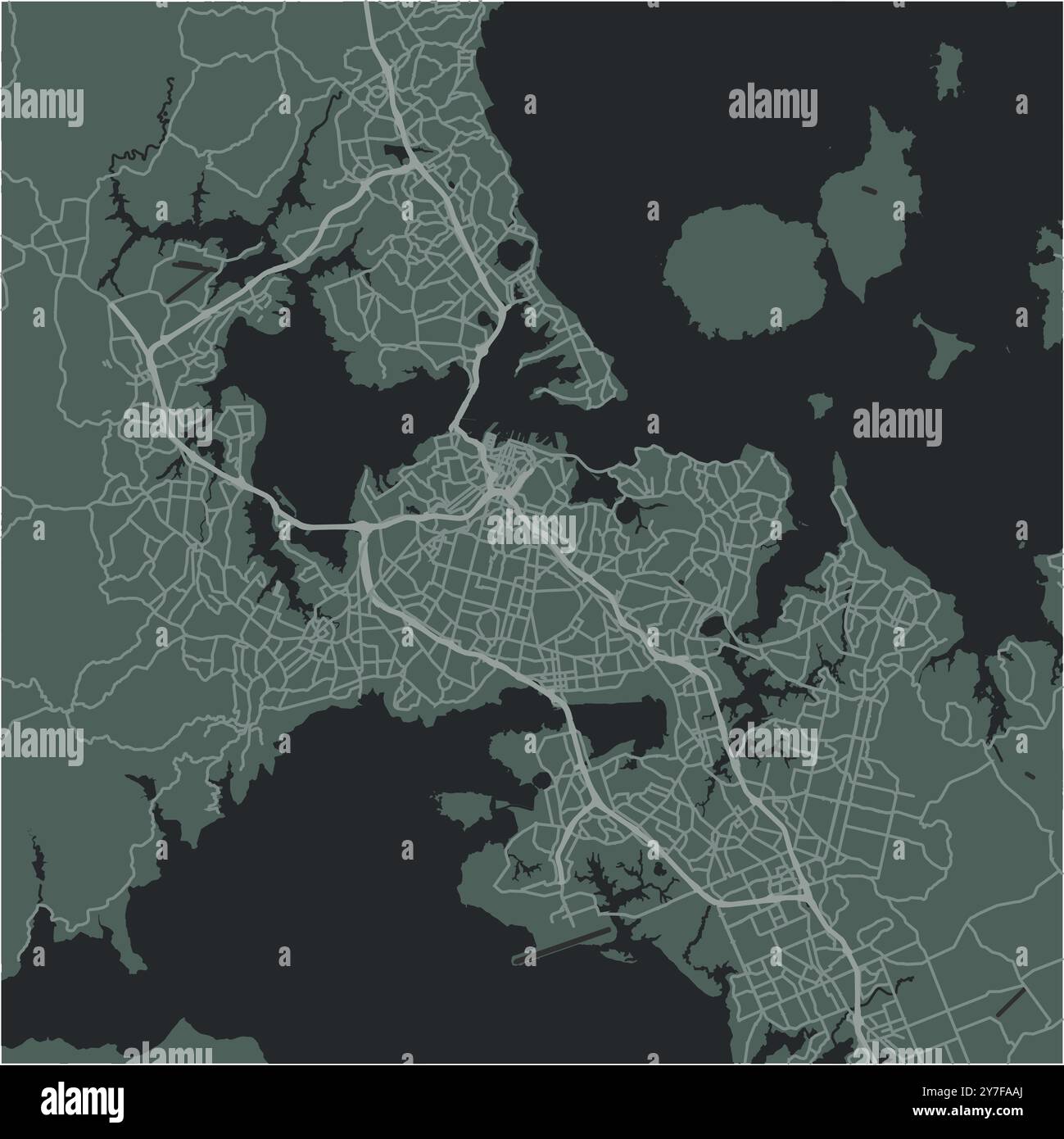 Map of Auckland in New Zealand in a smooth dark style. Contains layered vector with roads water, parks, etc. Stock Vector