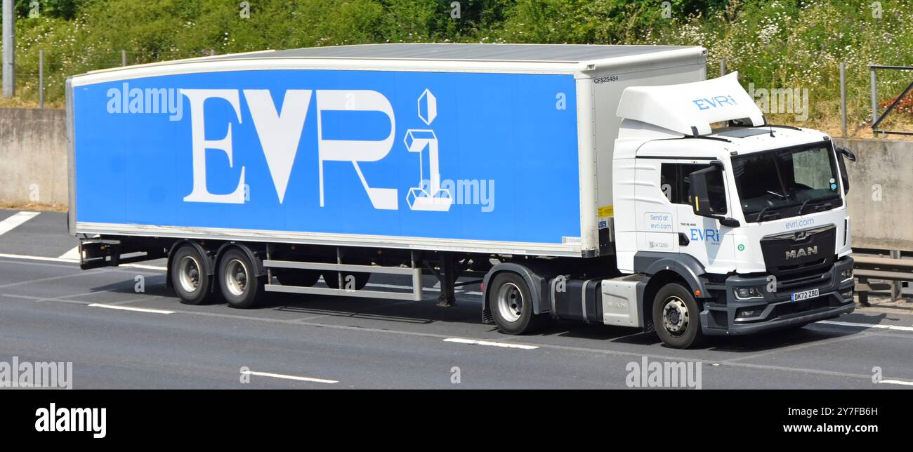 EVRi new name side view parcel delivery hgv lorry truck as result of bad publicity of Hermes brand in 2022 driving M25 motorway road Essex England UK Stock Photo